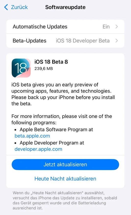 行唐苹果手机维修分享苹果 iOS / iPadOS 18 开发者预览版 Beta 8 发布 